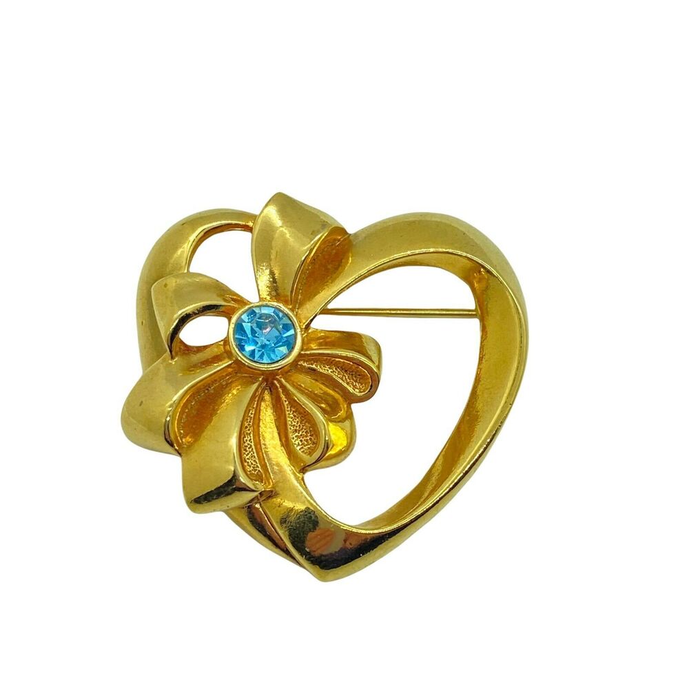 Heart Brooch Pin Vintage Avon Womens Gold Tone Faux Blue Topaz C Clasp Retro